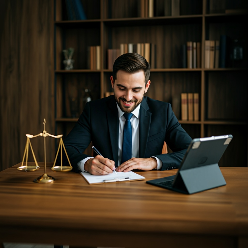 Man writing at desk with scales of justice